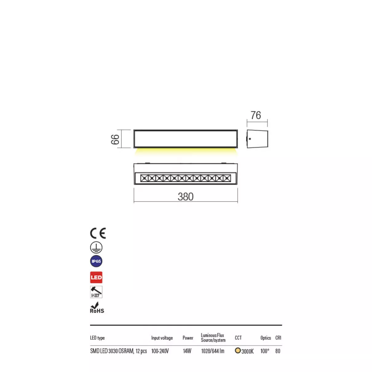 AROOS - LED fali lámpa; 1028lm; IP65; sz:38cm -  Redo-90250