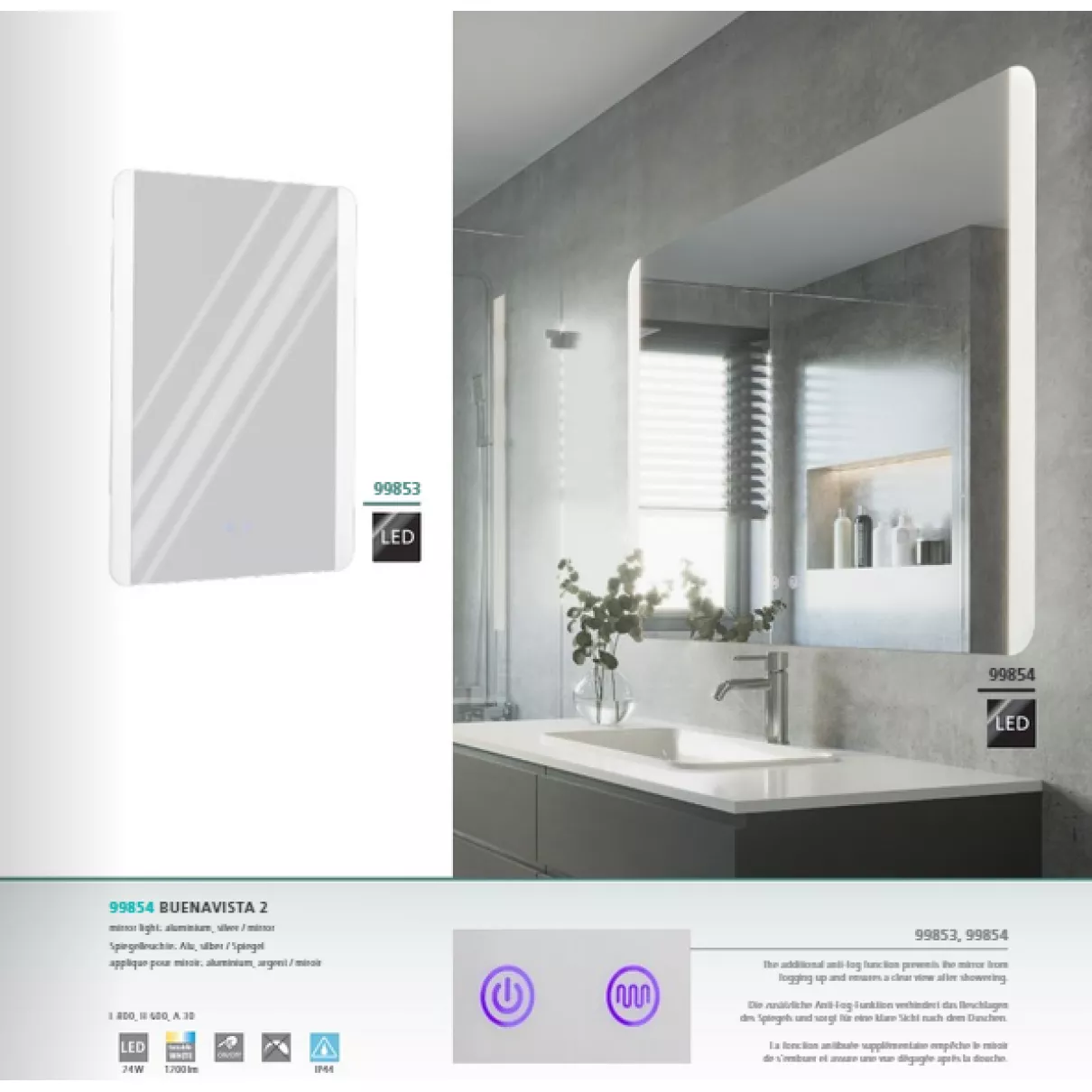 BUENAVISTA fürdőszobai LED világító tükör; 60x80cm; 2000lm; IP44 -  Eglo-99839